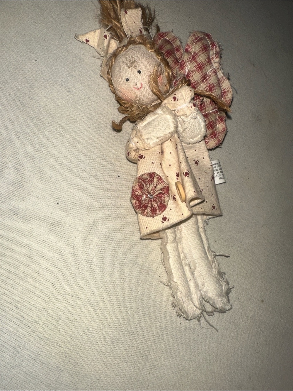 Vintage Collectible Cream and Red Fabric Angel Ornament - Home Holiday Ragdoll